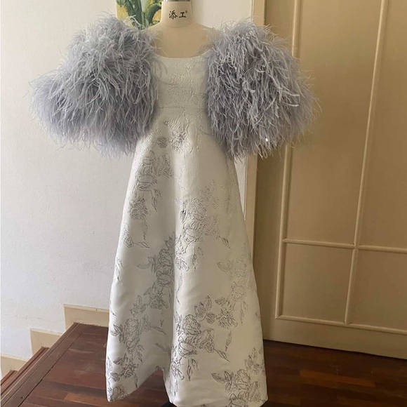 Tailored Bridgerton-Inspired Silver Gown with Feathered Sleeve Details